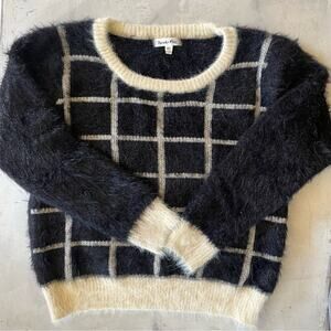 Fuzzy Eyelash Brushed Knit Windowpane Sweater Soft Grunge Girl Black Cream Sz M